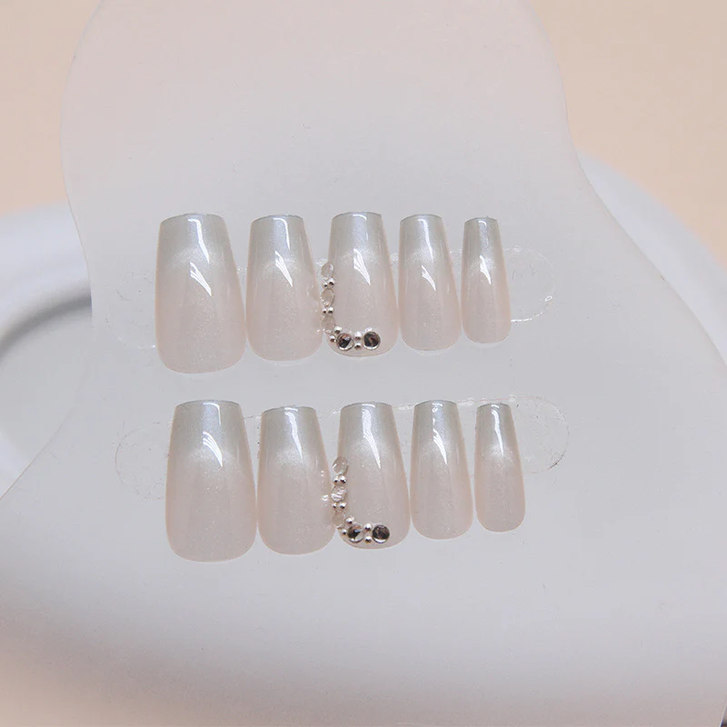 Elegant Shimmer Collection Medium Coffin Shaped Soft White Press On Nails with Rhinestone Accents