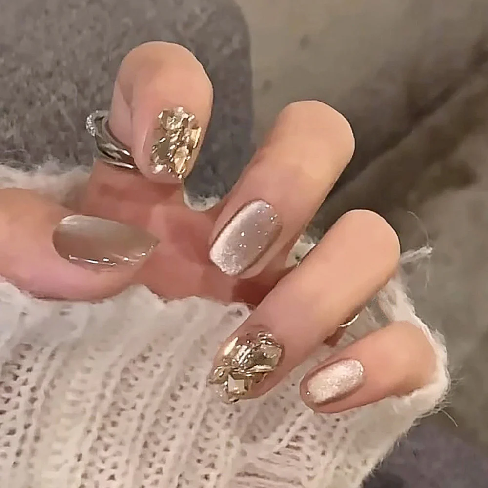 Elegant Soir≈Ωe Medium Squoval Beige Glitter Accented Press On Nail Set with 3D Gold Embellishments
