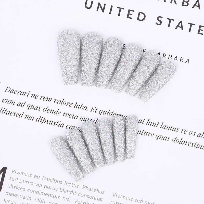 Elegant Sparkle Long Coffin Silver Glitter Press On Nail Set with Durable Adhesive Tabs