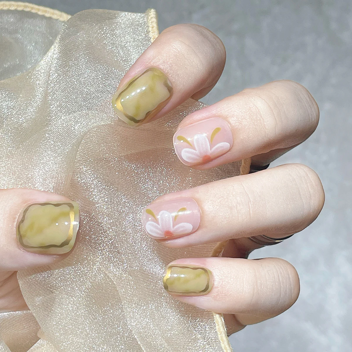 Elegant Spring Blossom Collection - Short Length Squoval Pink and Olive Green Press On Nail Set with Floral Accent Design