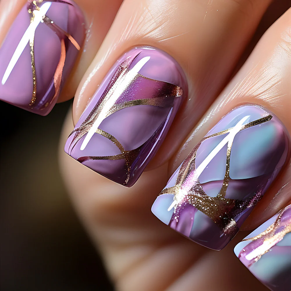 Elegant Twilight Soiree Medium Square Purple Press on Nails with Gold Detailing