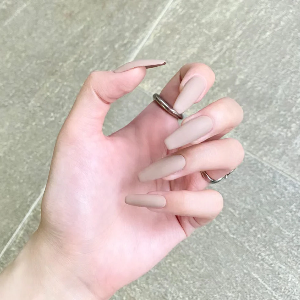 Elegant Whisper Long Length Coffin Shaped Beige Press On Nails with Matte Finish