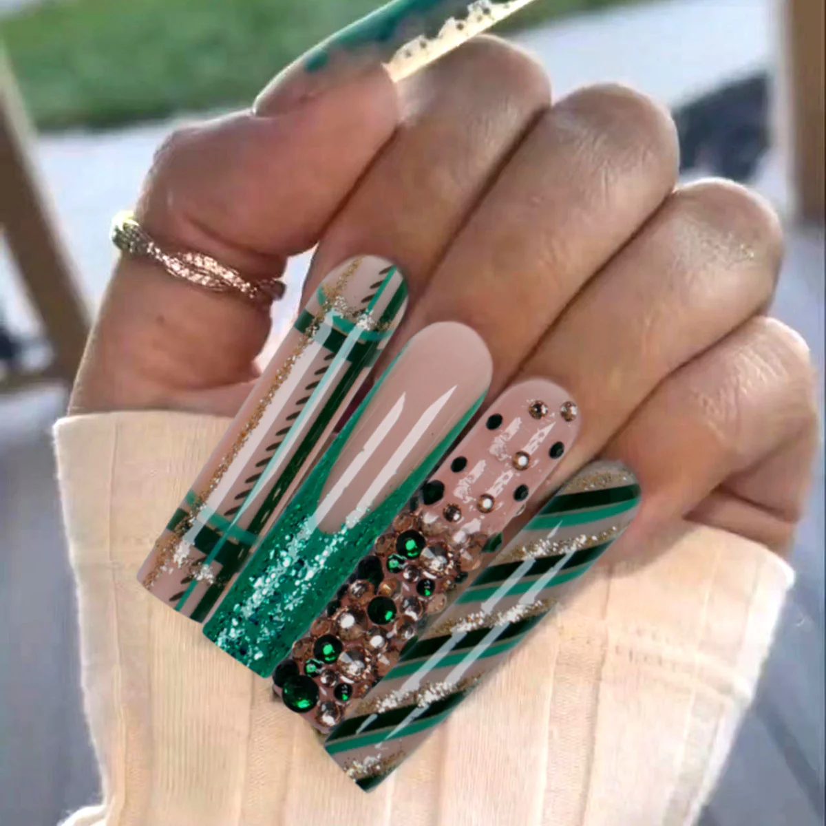 Emerald Elegance Long Square Green Glitter Accent Press On Nail Set with Rhinestone Embellishments