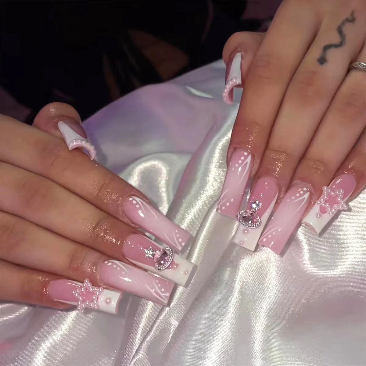 Enchanted Bridal Long Coffin Baby Pink Press-On Nails with Rhinestone Embellishments and Glitter Details