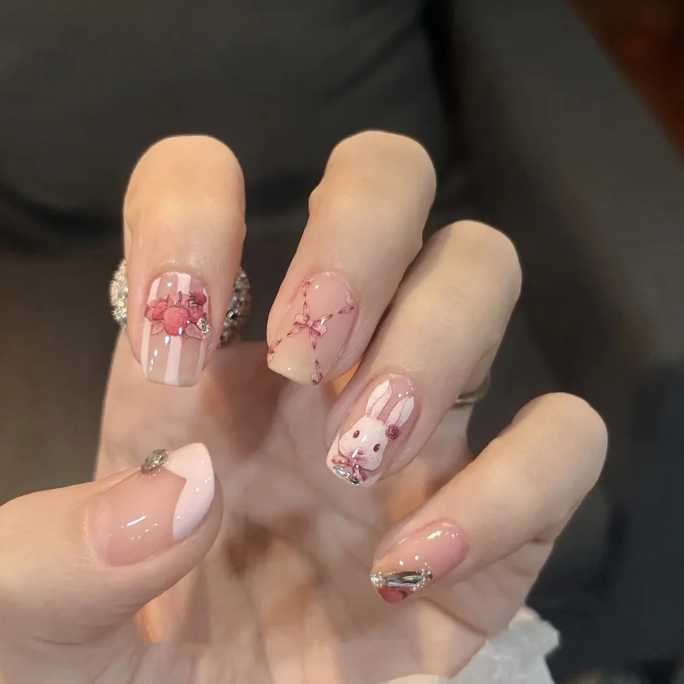 Enchanted Bunny Garden Short Square Pale Pink Press On Nail Set with 3D Crystal Adornments