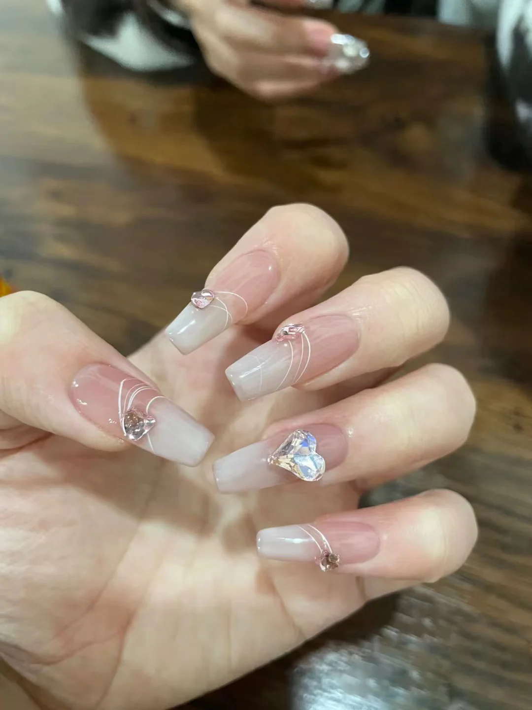 Enchanted Elegance Extra-Long Coffin Clear False Nails with Pink Undertones and Gem Accents Press On Nail Set
