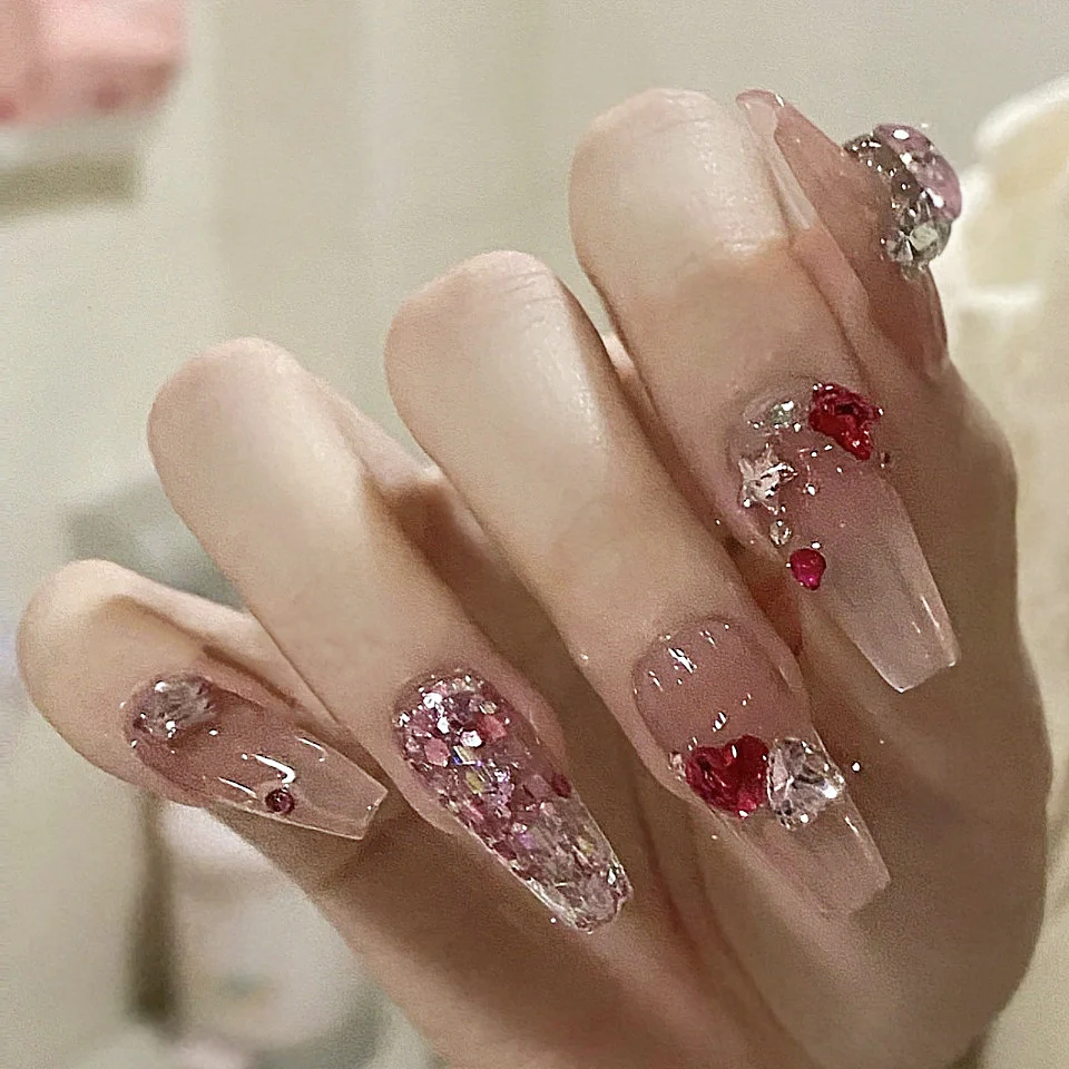 Enchanted Elegance Extra-Long Coffin Clear Press-On Nail Set with 3D Gem Accents