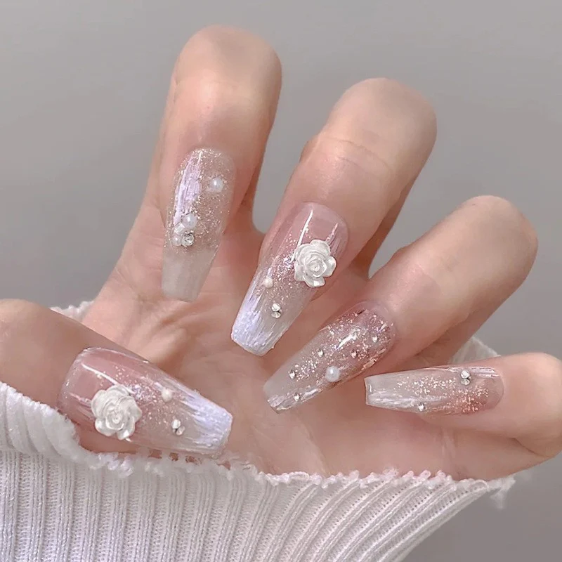 Enchanted Elegance Extra Long Coffin Clear Press On Nails with Sparkling Glitter and 3D Rose Embellishments