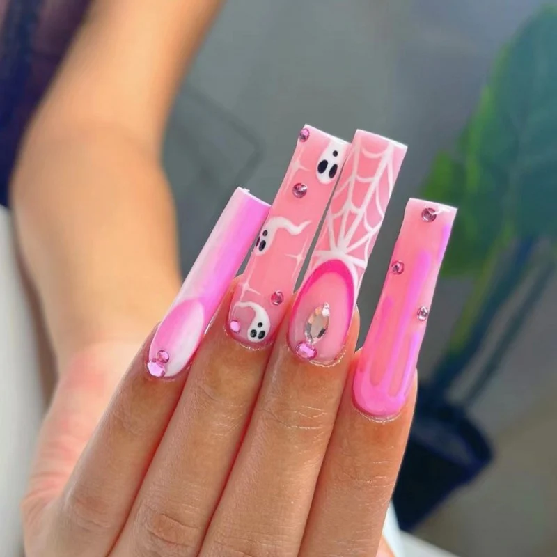 Enchanted Elegance Extra Long Square Pink Press On Nail Set with Rhinestone Accents and Spiderweb Design