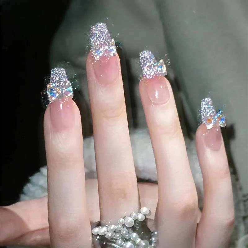 Enchanted Elegance Long Coffin Beige Press On Nails with Sparkling Rhinestone Accents