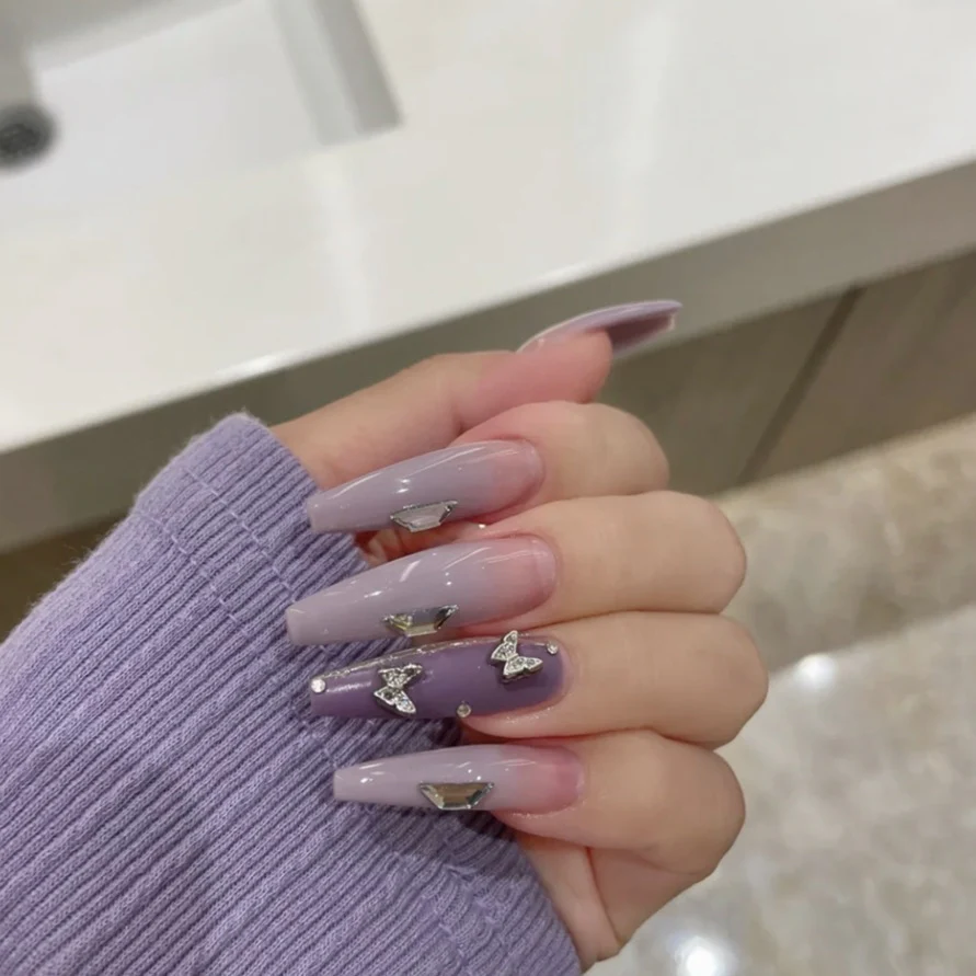 Enchanted Elegance Long Coffin Lavender Press On Nail Set with Sparkling Butterfly Charm Accents