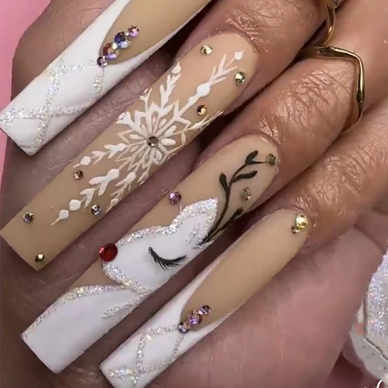 Enchanted Elegance Long Square Beige and White Glitter Press On Nail Set with Rhinestone Accents and Snowflake Designs
