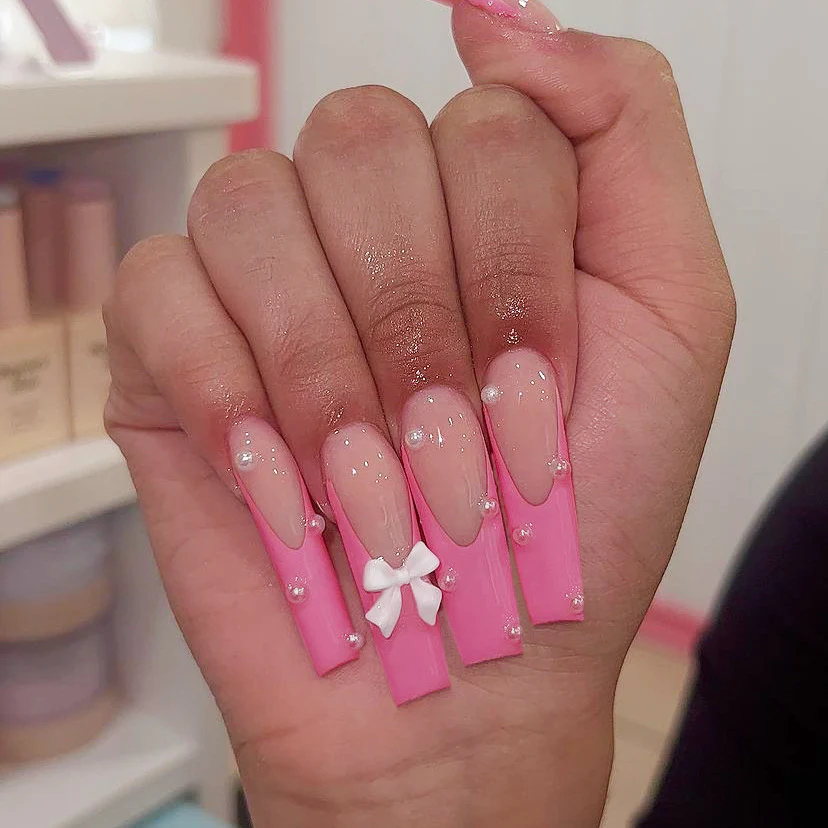 Enchanted Elegance Long Square Pink Press On Nail Set with Rhinestones and Bow Accents