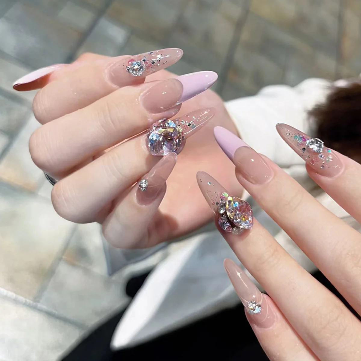 Enchanted Elegance Long Stiletto Pink and Clear Press On Nails with Rhinestone Accents