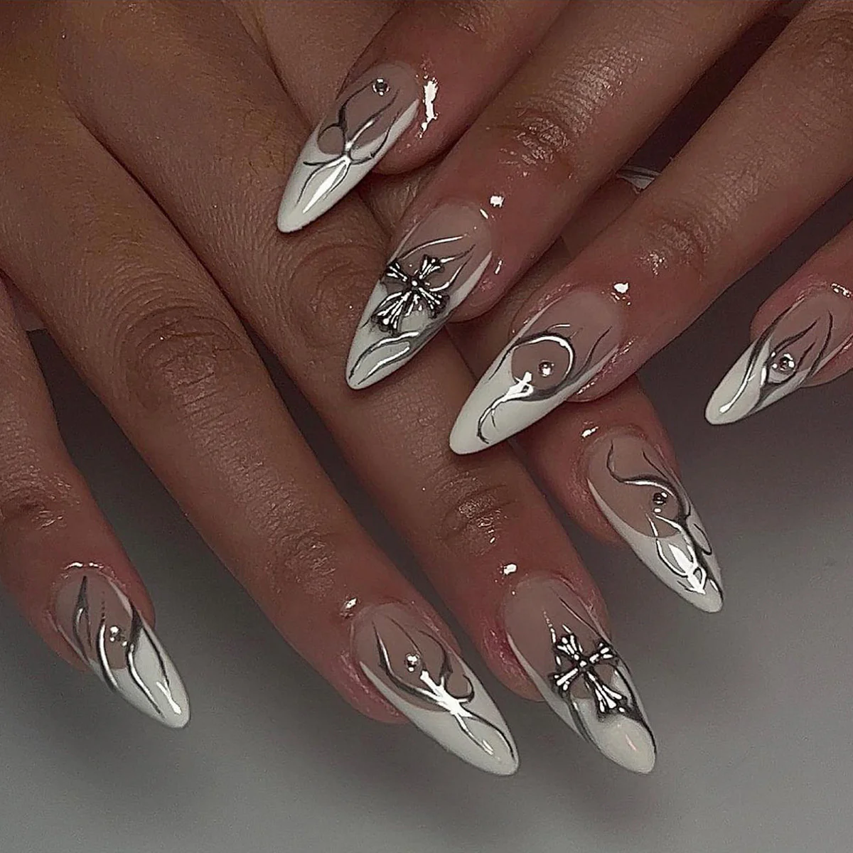 Enchanted Elegance Long Stiletto White Press On Nails with Crystal Butterfly Accents