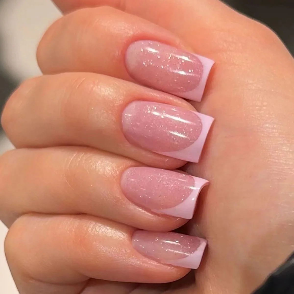 Enchanted Elegance Medium Square Pink Glitter French Tip Press On Nail Set