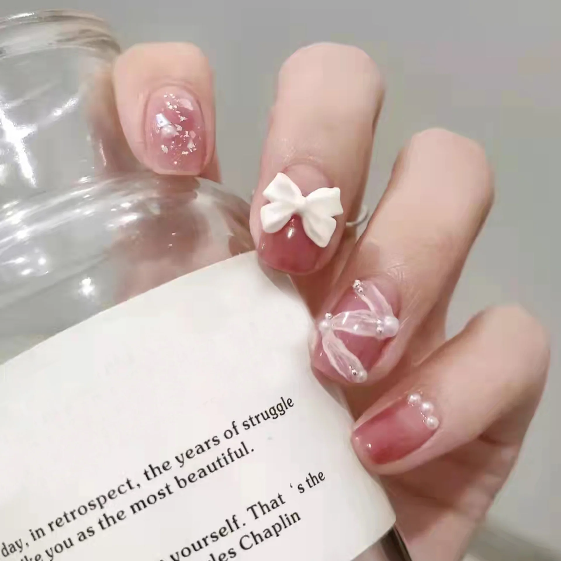 Enchanted Elegance Short Round Pink Press On Nail Set with 3D Bow and Rhinestone Accents
