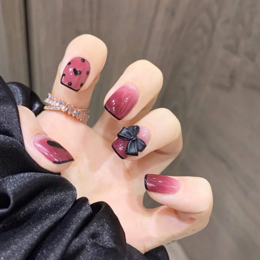 Enchanted Evening Collection Short Round Burgundy and Black Ombre Press On Nail Set with 3D Bow Accent