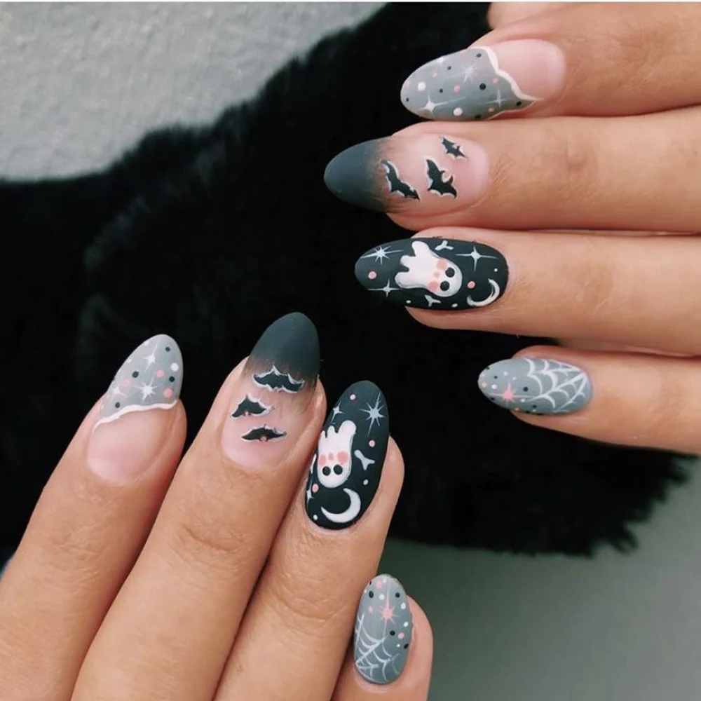 Enchanted Evening Long Almond Dark Gray Press on Nail Set with Halloween-Themed Accents