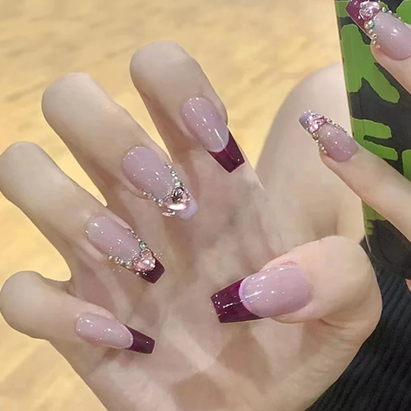 Enchanted Evening Long Coffin Burgundy Gradient Glitter Accent Press On Nail Set