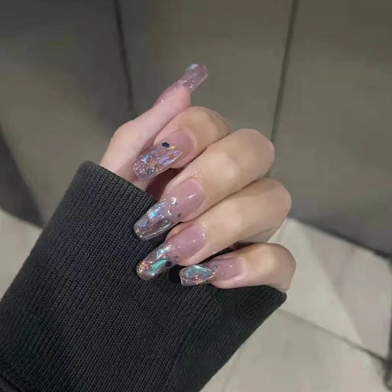 Enchanted Evening Long Coffin Lavender Press On Nails with Iridescent Glitter Accents