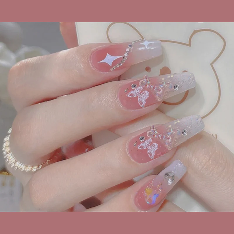Enchanted Evening Long Coffin Pink Glitter Butterfly Accents Press On Nail Set