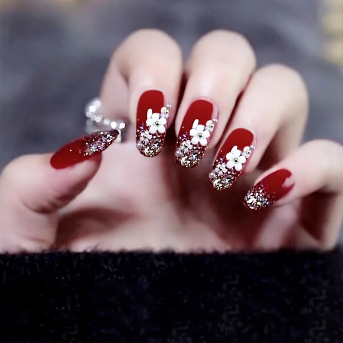 Enchanted Evening Long Oval Burgundy Glitter Accented Floral Press On Nail Set