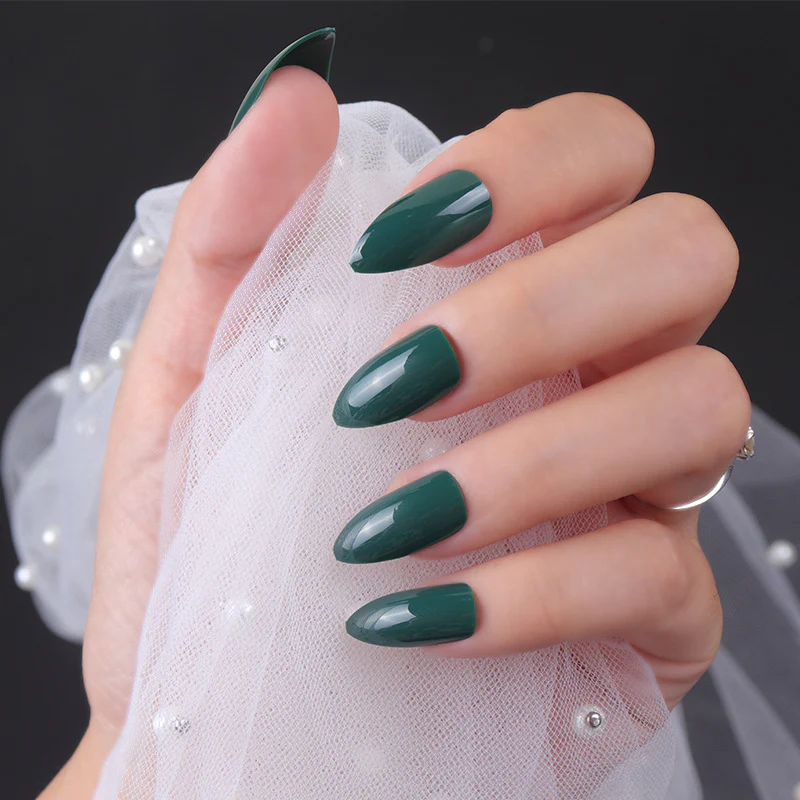 Enchanted Forest Medium Almond Deep Green Press On Nail Set with Pearlescent Sheen