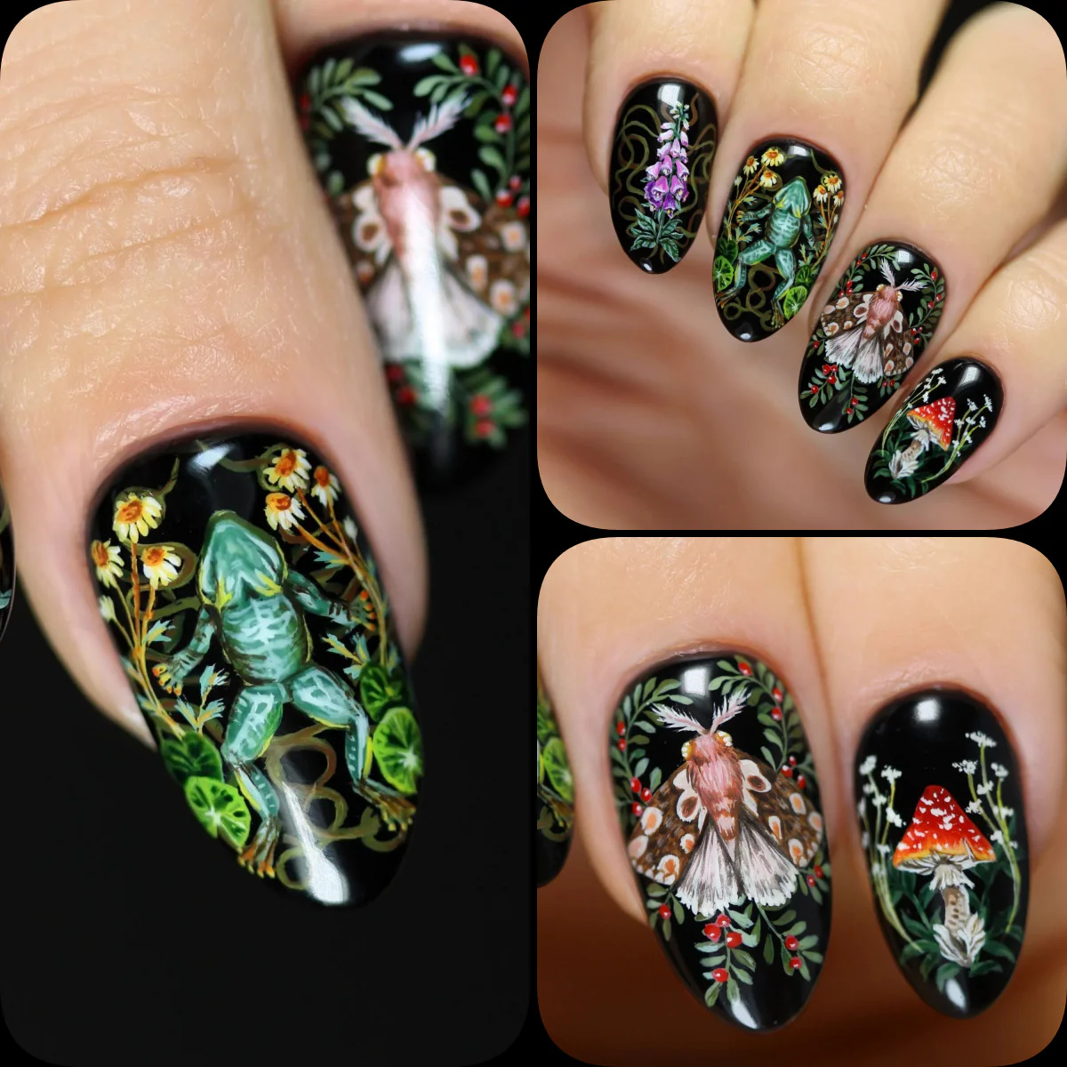 Enchanted Forest Themed Short Oval Black with Vibrant Botanical Artwork Press On Nail Set