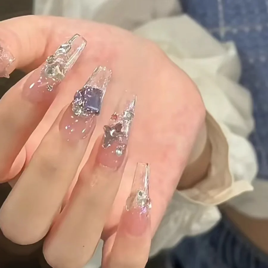Enchanted Garden Iridescent Long Coffin Press On Nail Set with Floral Accents and Sparkling Gems