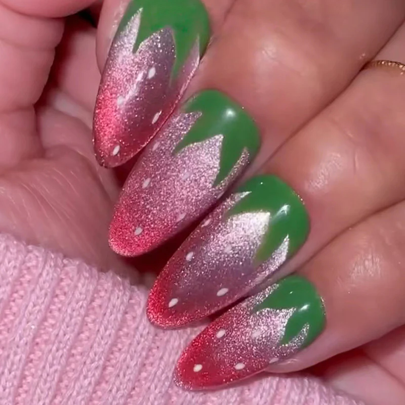 Enchanted Garden Long Almond Pink and Green Glitter Gradient Press On Nail Set with White Floral Accents