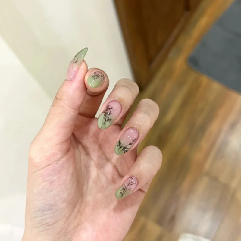 Enchanted Garden Long Coffin Pastel Pink and Green Botanical Accent Press On Nail Set