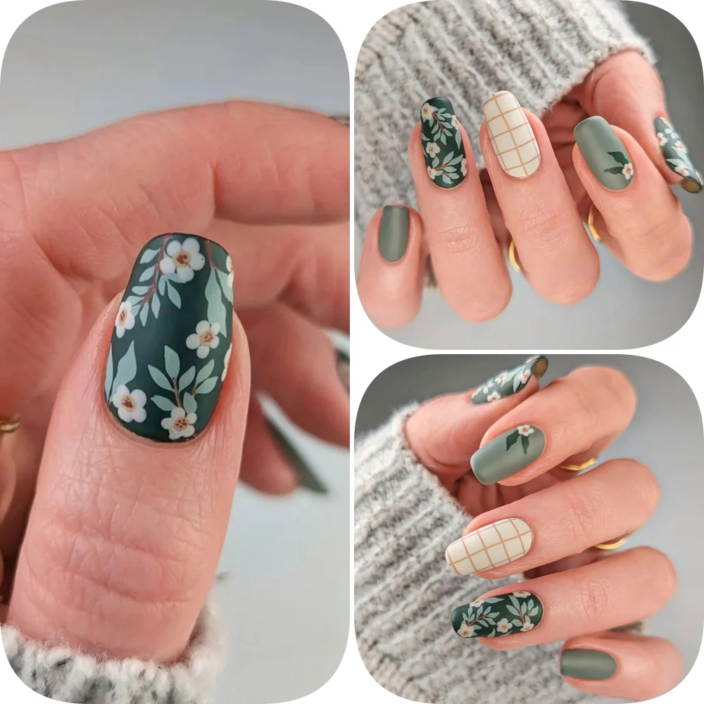 Enchanted Garden Long Oval Green Floral Patterned Press On Nail Set with Matte Finish and Accent Checkered Design