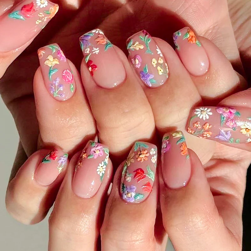 Enchanted Garden Medium Coffin Beige Floral Embellished Press On Nail Set