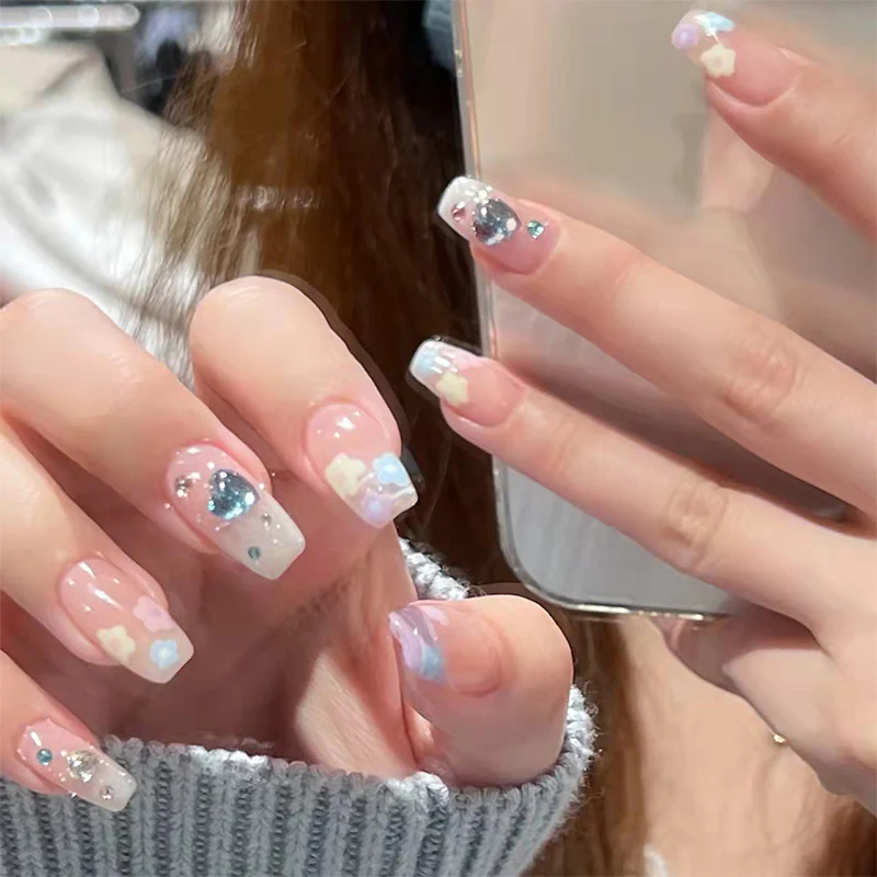 Enchanted Garden Medium Coffin Pastel Glitter Clouds Press on Nail Set with Sequin Accents