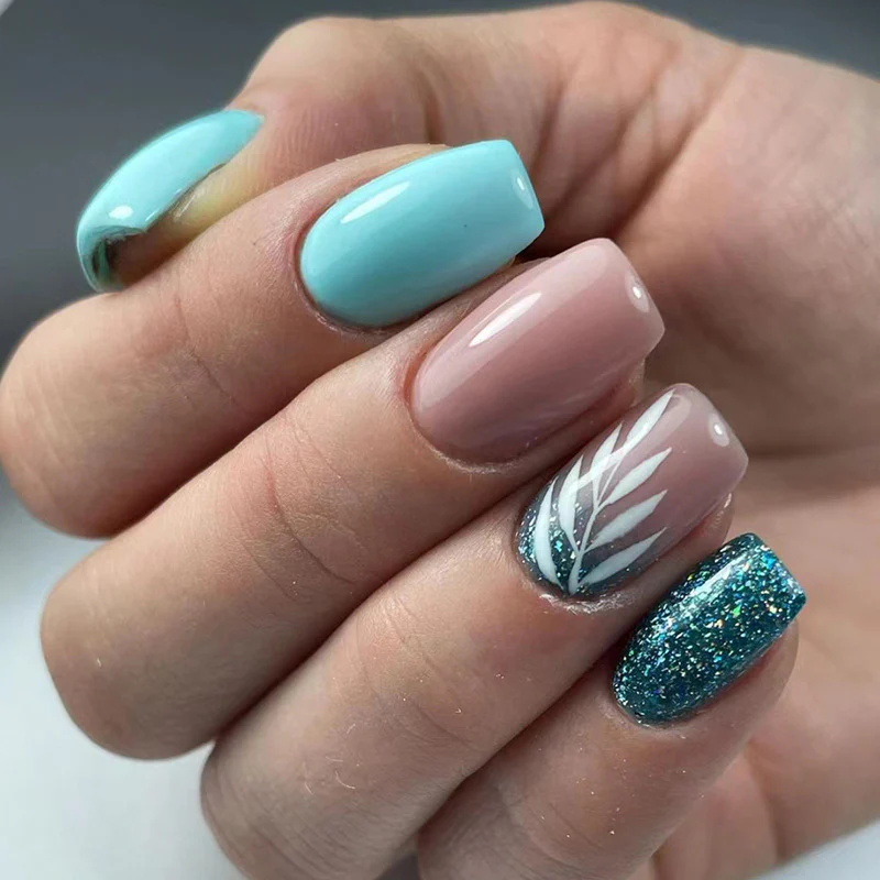 Enchanted Garden Medium Square Pastel Blue & Pink Press On Nail Set with Glitter Accent and Floral Design