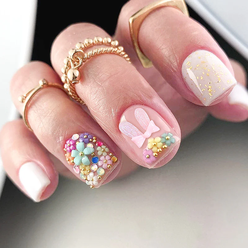 Enchanted Garden Short Length Square Press On Nail Set in Pastel Tones with 3D Floral Embellishments and Gold Flakes