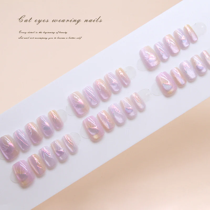 Enchanted Glow Short Round Pink Iridescent Press On Nail Set with Shimmer Finish