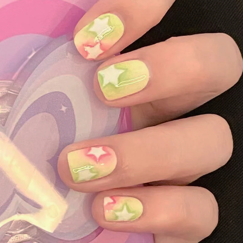 Enchanted Glow Short Square Pastel Neon Ombre Press On Nail Set with Star Accents