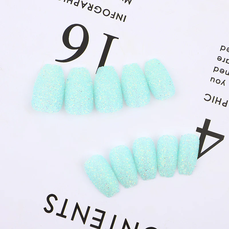 Enchanted Mermaid Magic Short Coffin Mint Green Glitter Accented Press On Nail Set