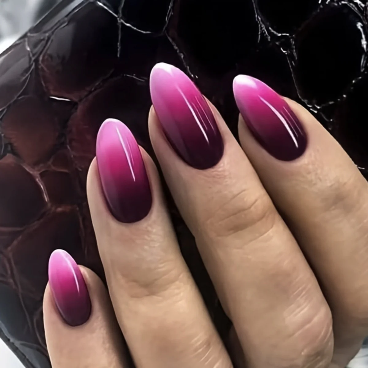 Enchanted Ombre Beauty Long Almond-Shaped Press On Nail Set in Pink and Purple Gradient with Glossy Finish