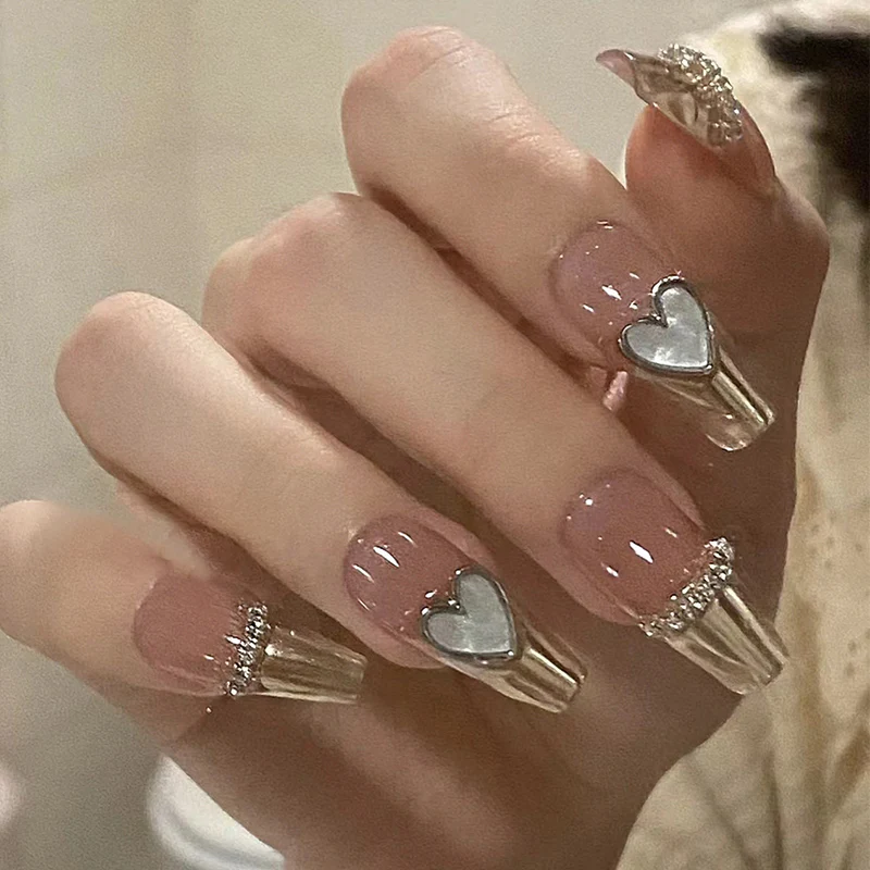 Enchanted Romance Long Coffin Pink Glitter Accent Press On Nail Set with 3D Heart Charms