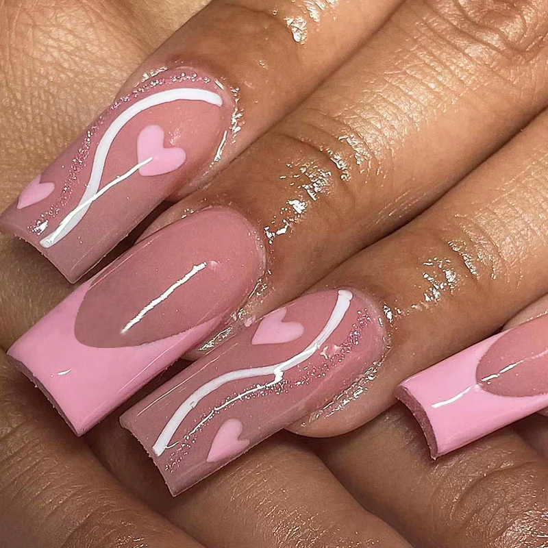 Enchanted Romance Long Square Blush Pink Press On Nail Set with Heart Accents and Glossy Finish