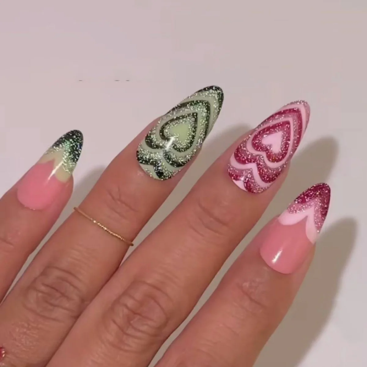 Enchanted Romance Medium Almond Green and Pink Heart Glitter Press On Nail Set