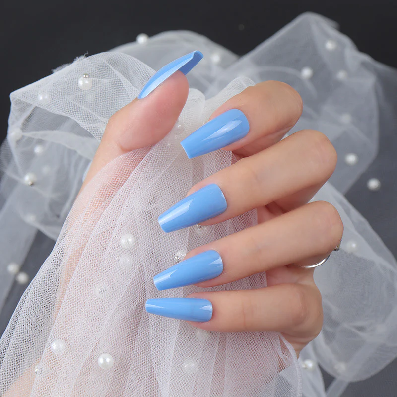 Enchanted Sky Blue Long Coffin Press On Nail Set with Glossy Finish