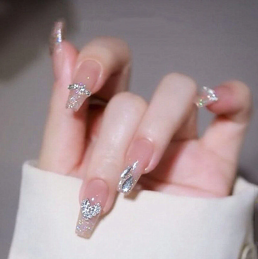 Enchanted Sparkle Collection Long Coffin Clear Glitter Accent Press On Nail Set