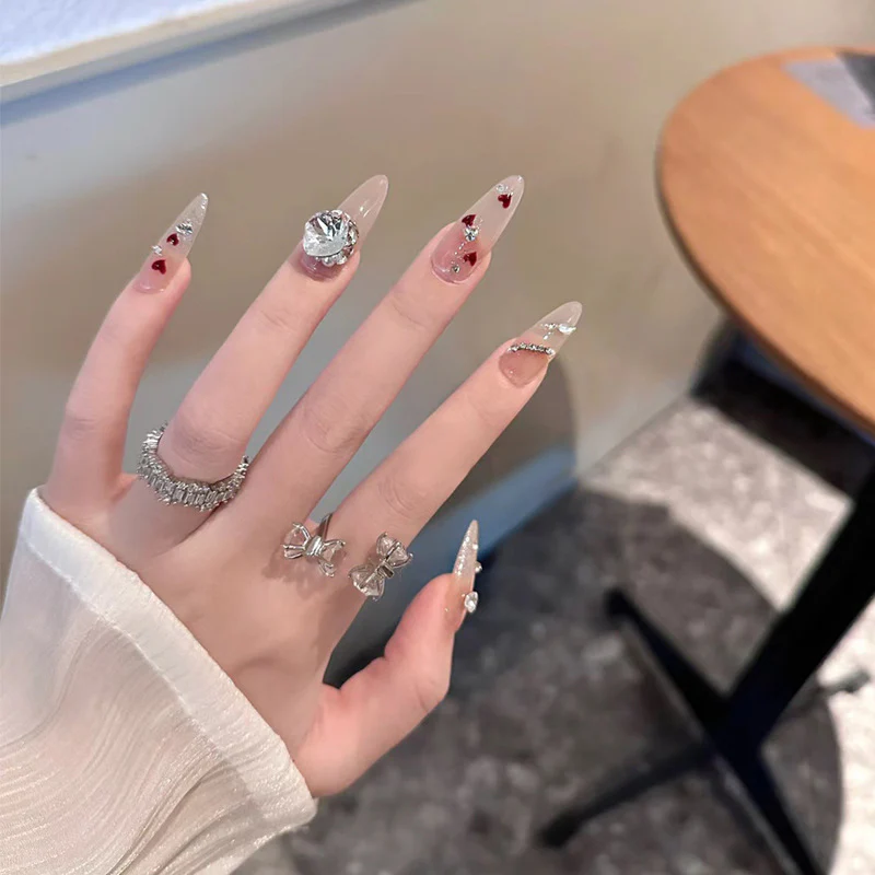 Enchanting Elegance Long Almond Shape Transparent with Red Hearts and Sparkling Gems Press On Nail Set