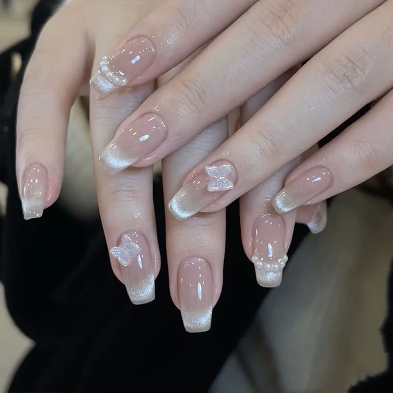 Enchanting Elegance Long Coffin Ombre Pink with Delicate Butterfly and Pearl Accents Press On Nail Set