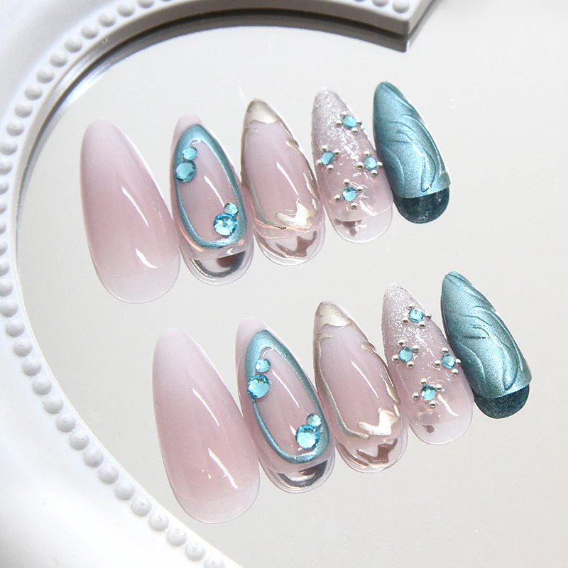 Enchanting Ocean Breeze Medium Almond Shaped Soft Pink with Aqua Accents and Glimmering Gems Press on Nail Set
