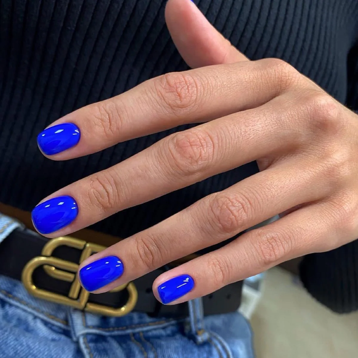 Energetic Short Square Blue Glossy Press On Nails